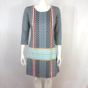 Kelly Renee Multi Print Shift Dress Boho Indie Geo 3/4 Sleeve